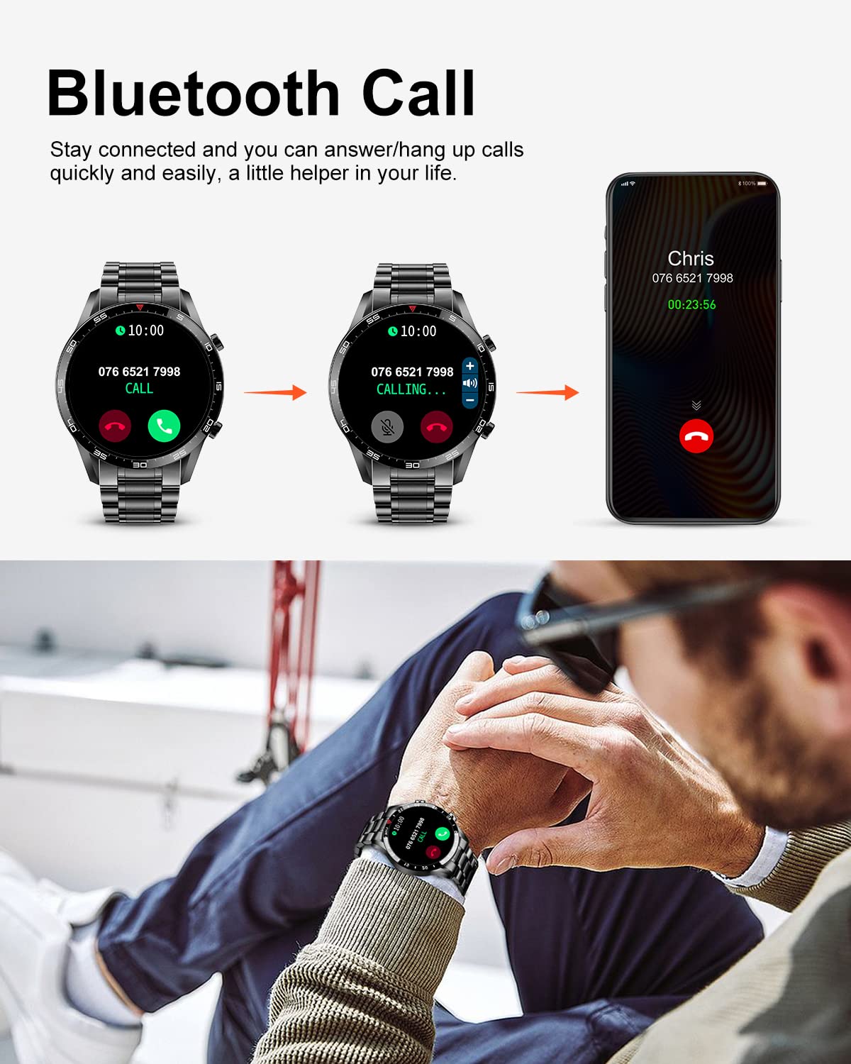 Розумний годинник LIGE для чоловіків з Bluetooth дзвінками, трекером фітнесу та монітором серцевого ритму, IP67, чорний, фото №2