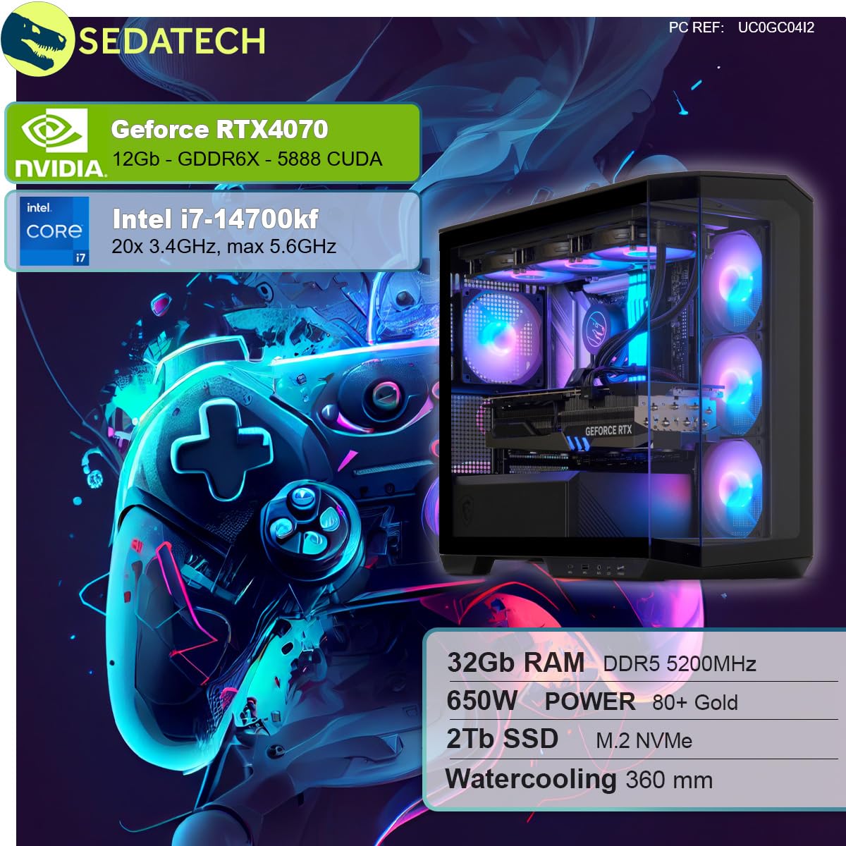 Персональний комп'ютер Sedatech Advanced Gaming Water Cooling Intel i7-14700KF RTX4070 32GB DDR5 2TB SSD M.2 Без ОС, фото №2