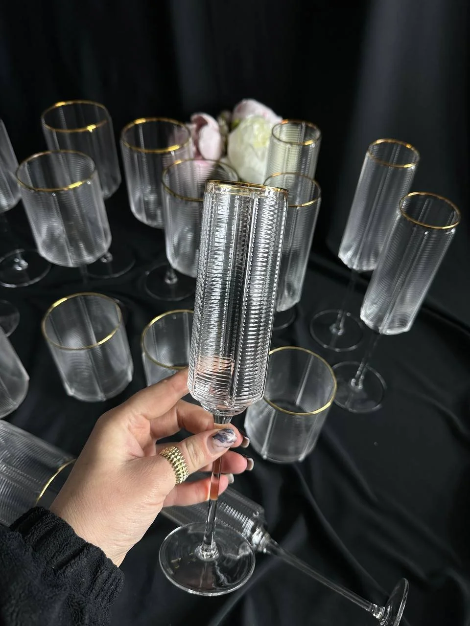 Бокали для шампанского 6 шт з золотою оконтовкою, фото №1