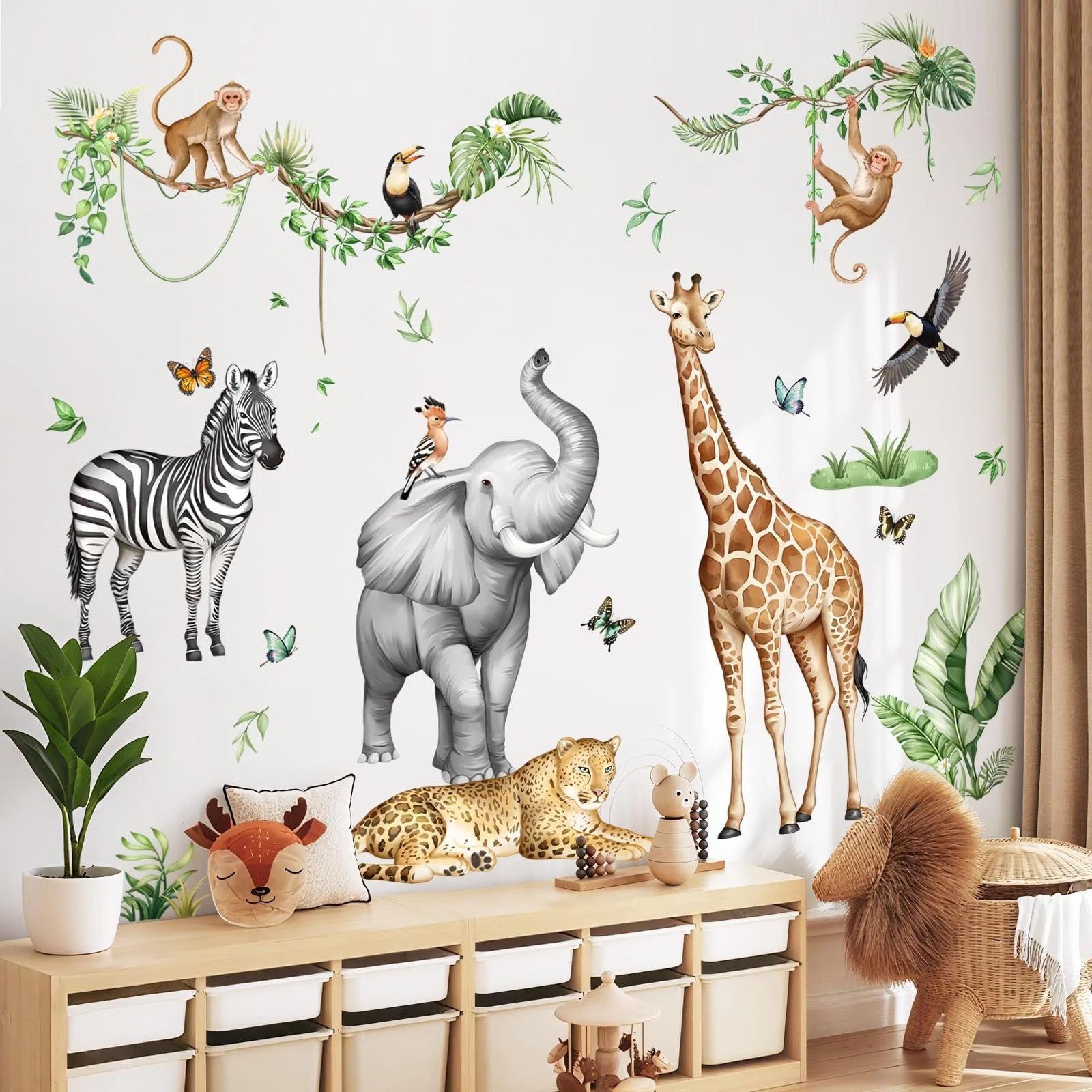 Наклейка на стіну Supzone Jungle Safari Animals Tree XXL Giraffe Elephant 140 x 120 см, фото №2
