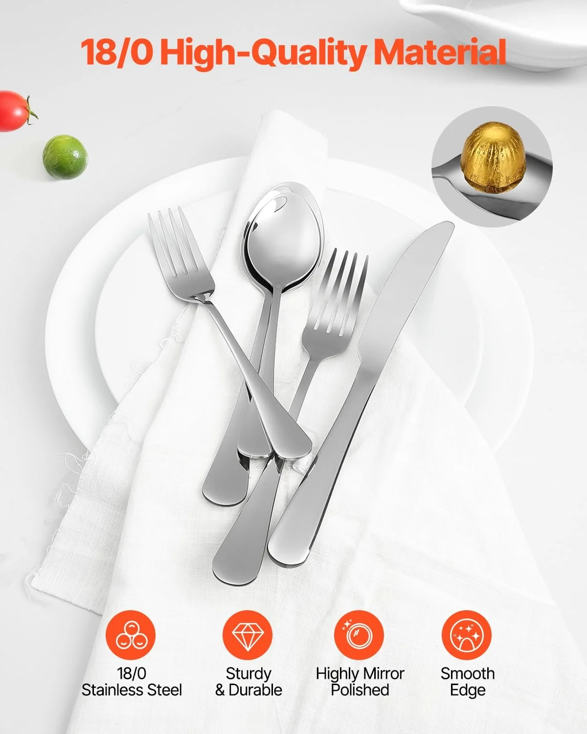 Набір столових приборів VEVOR для 6 персон, 30 предметів, з харчової нержавіючої сталі, можна мити в посудомийній машині, фото №3