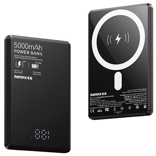Ультратонкий повербанк 5000 мАг 20W з безпровідною зарядкою MagSafe Remax RPP-107 Чорний, фото №6