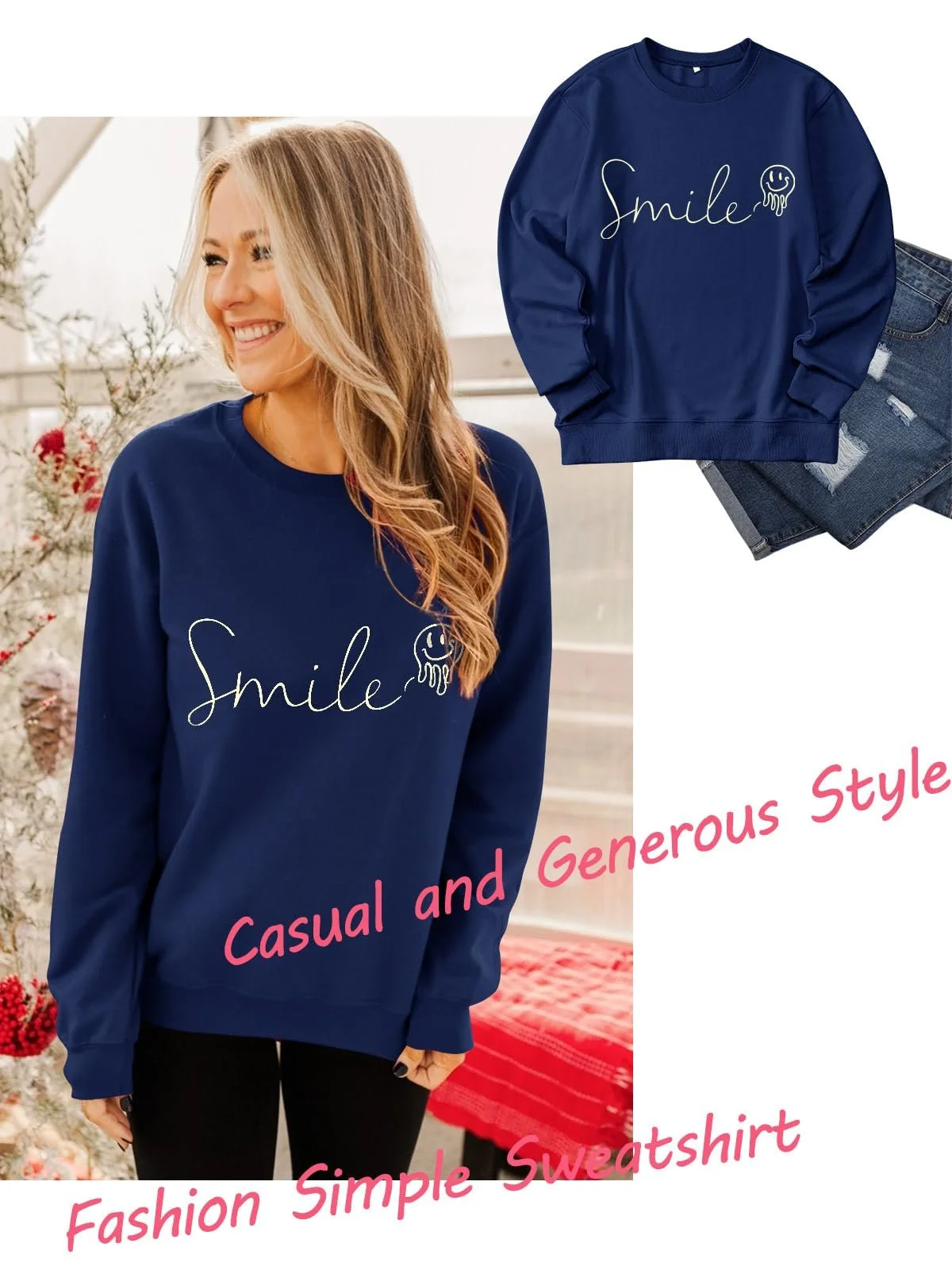 Женская Толстовка WIEIYM Smile Хлопковая Графическая С круглым вырезом Свитшот Смешная С длинными рукавами Базовая Кофта для Весны Осени Зимы, фото №3