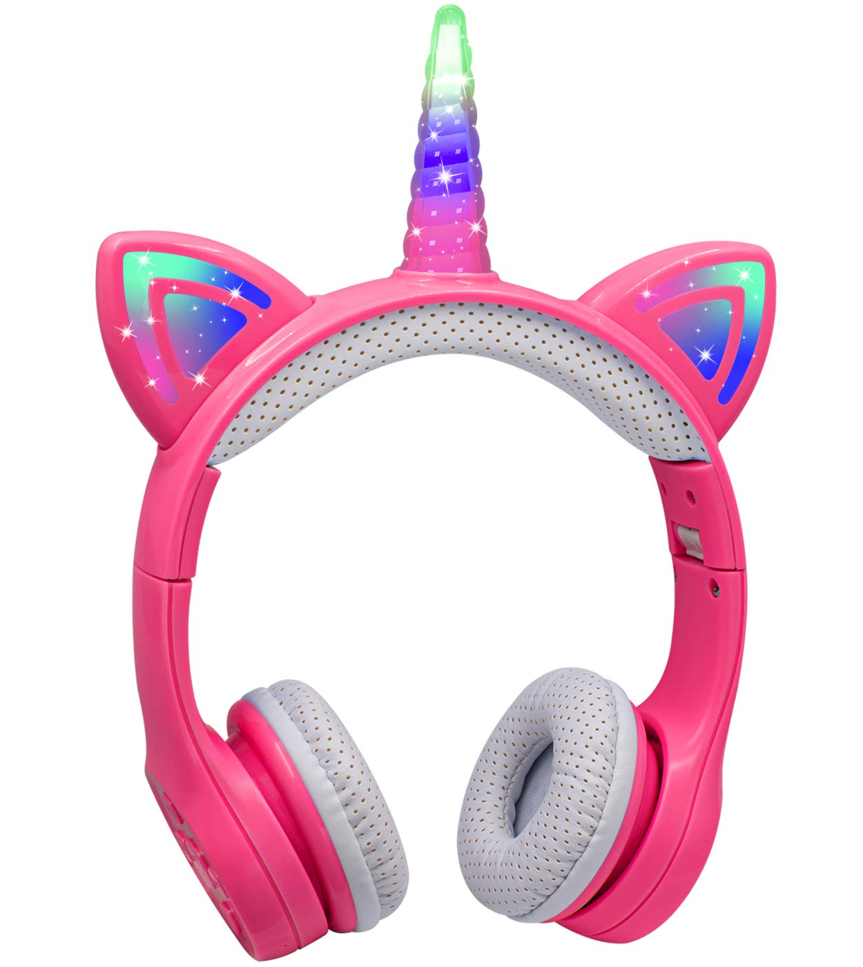 Наушники YUSONIC Unicorn Bluetooth с ограничением громкости Светодиодные Кошачьи уши и рог единорога со встроенным микрофоном Розовый, фото №1