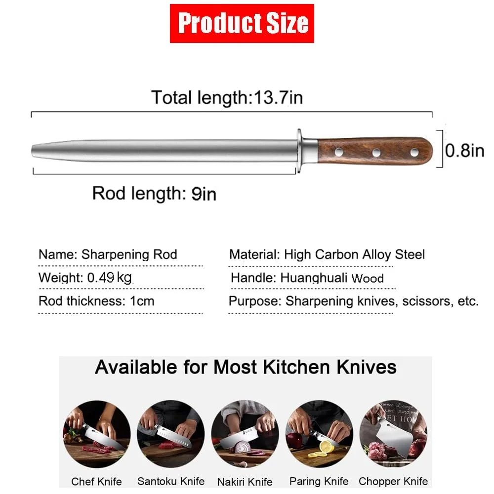Мусат для ножів 13,7 дюйма вуглецева сталь ручка з грушевого дерева з металевим захистом у подарунковій коробці, фото №7 Мусат для ножів 13,7 дюйма вуглецева сталь ручка з грушевого дерева з металевим захистом у подарунковій коробці, фото №7
