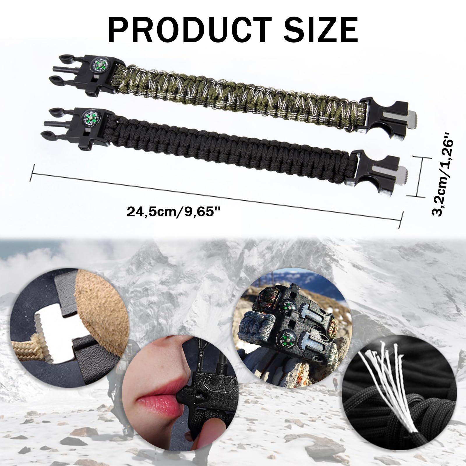 Браслет виживання Ryaupy Paracord 2 шт. Компас, свисток, кремінь і ніж. Чорний і камуфляж, фото №2
