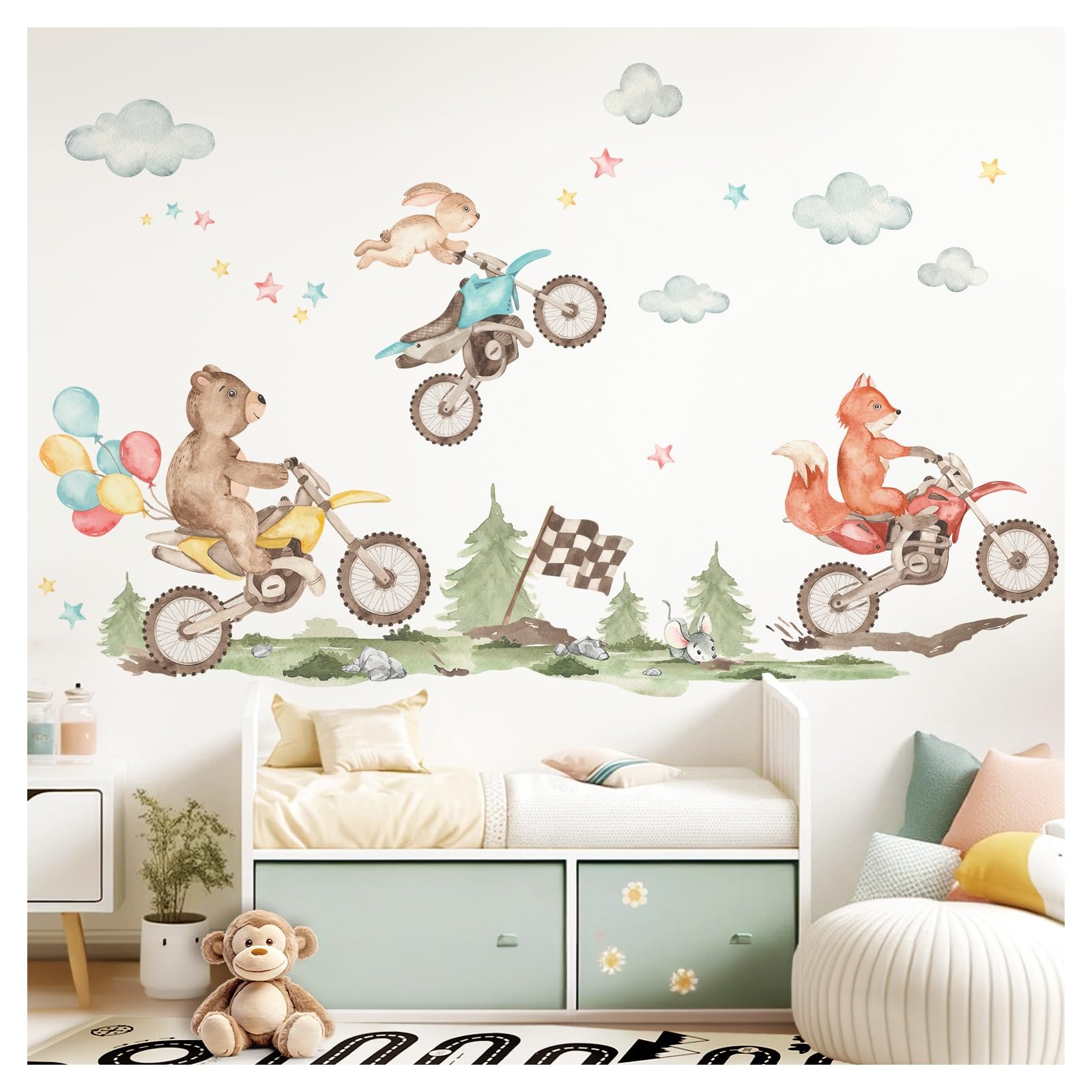 Наклейка на стену Little Deco DL5071 M Лесные звери на мотоциклах Набор, фото №1