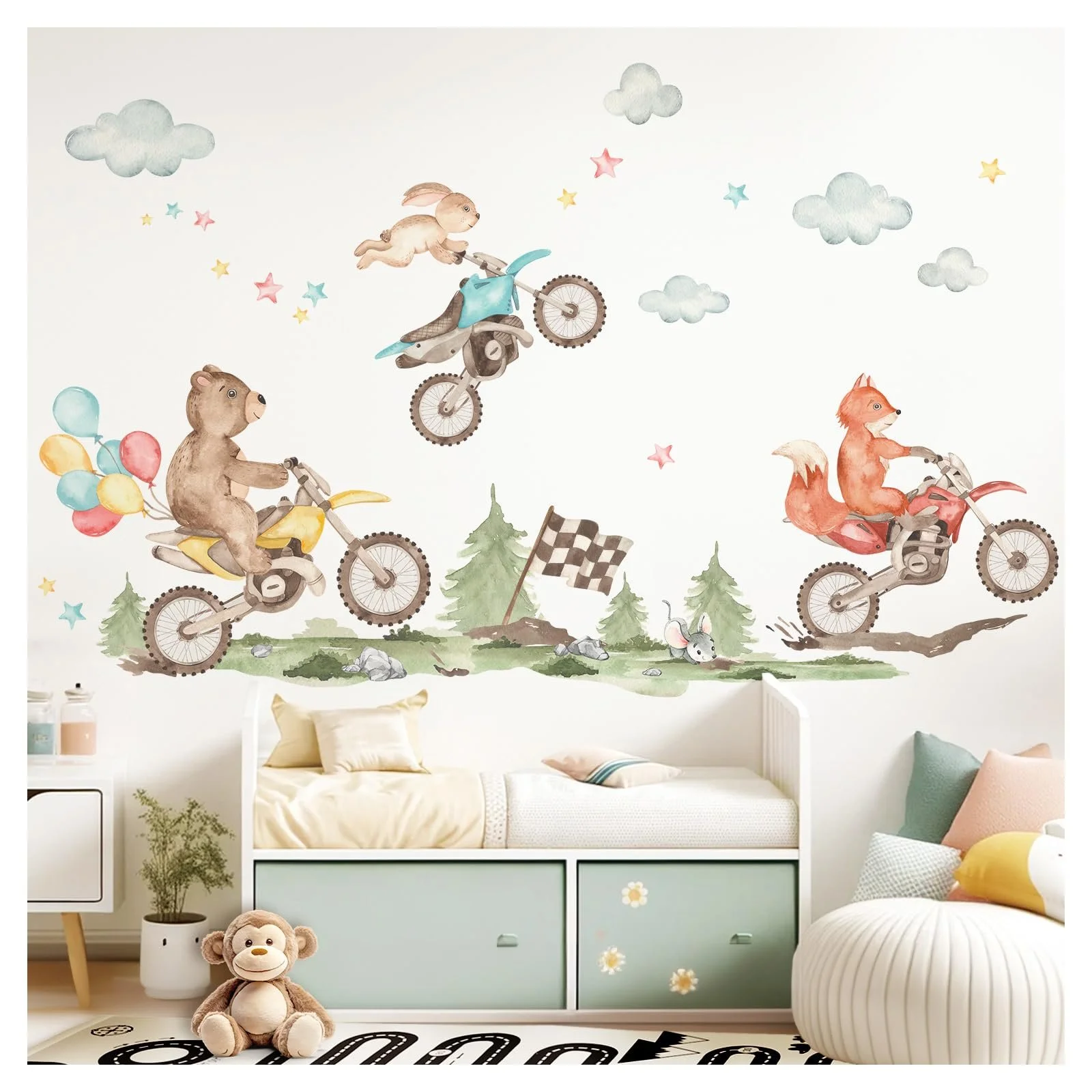 Наклейка на стену Little Deco DL5071 M Лесные звери на мотоциклах Набор, фото №1