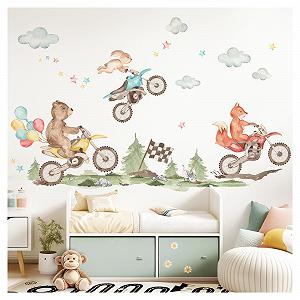 Наклейка на стену Little Deco DL5071 M Лесные звери на мотоциклах Набор - Фото 1