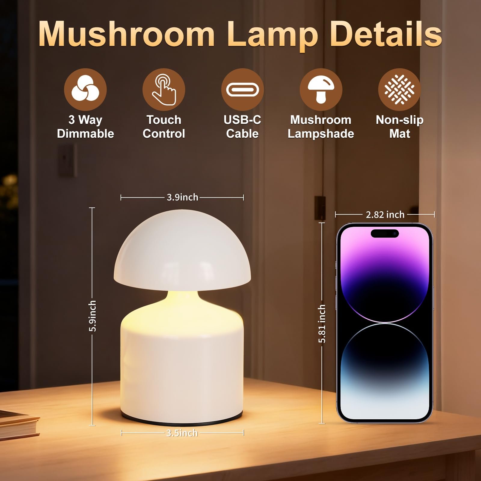 Настільна лампа Modern Wireless Small Mushroom сенсорна світлодіодна акумуляторна міні нічник, фото №2