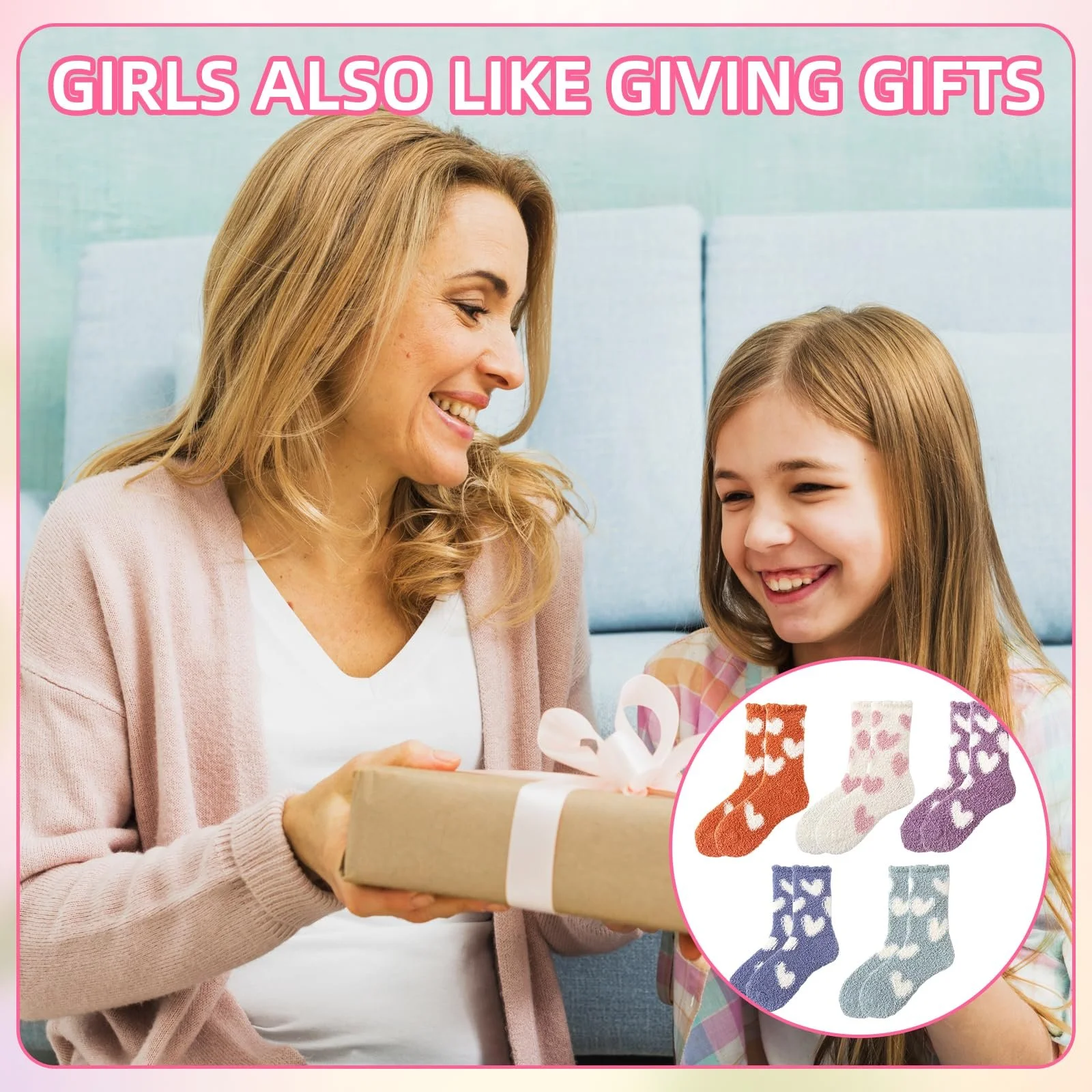 Носки Женские Пушистые 5 пар Теплые эластичные носки для сна Зимние мягкие термоноски Толстые носки для дома Рождественские (Узор сердце), фото №6