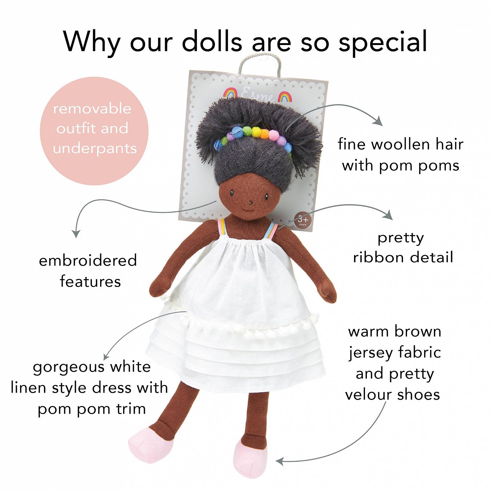 Лялька ThreadBear Design Esme з білою сукнею та райдужними помпонами для дітей від 3 років, фото №3