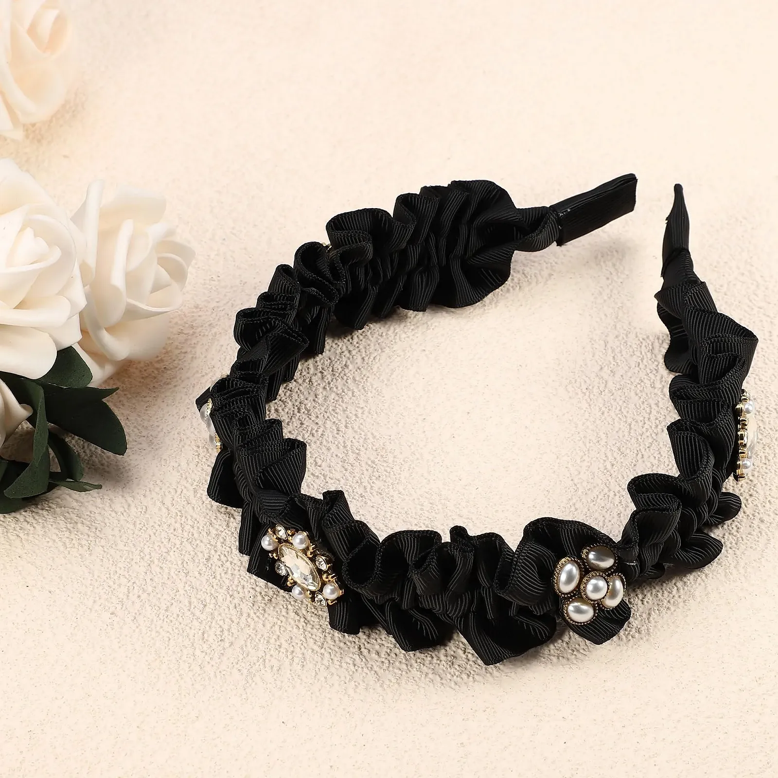 Обруч VOCOSTE Плісирований зі стразами, штучний перли, жіночий, чорний, фото №5