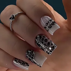 Накладні нігті GlamRays Short Square Black Leopard Shiny Smooth Adhesive Full Perimeter Acrylic, 24 шт. Black Leopard - Фото 1