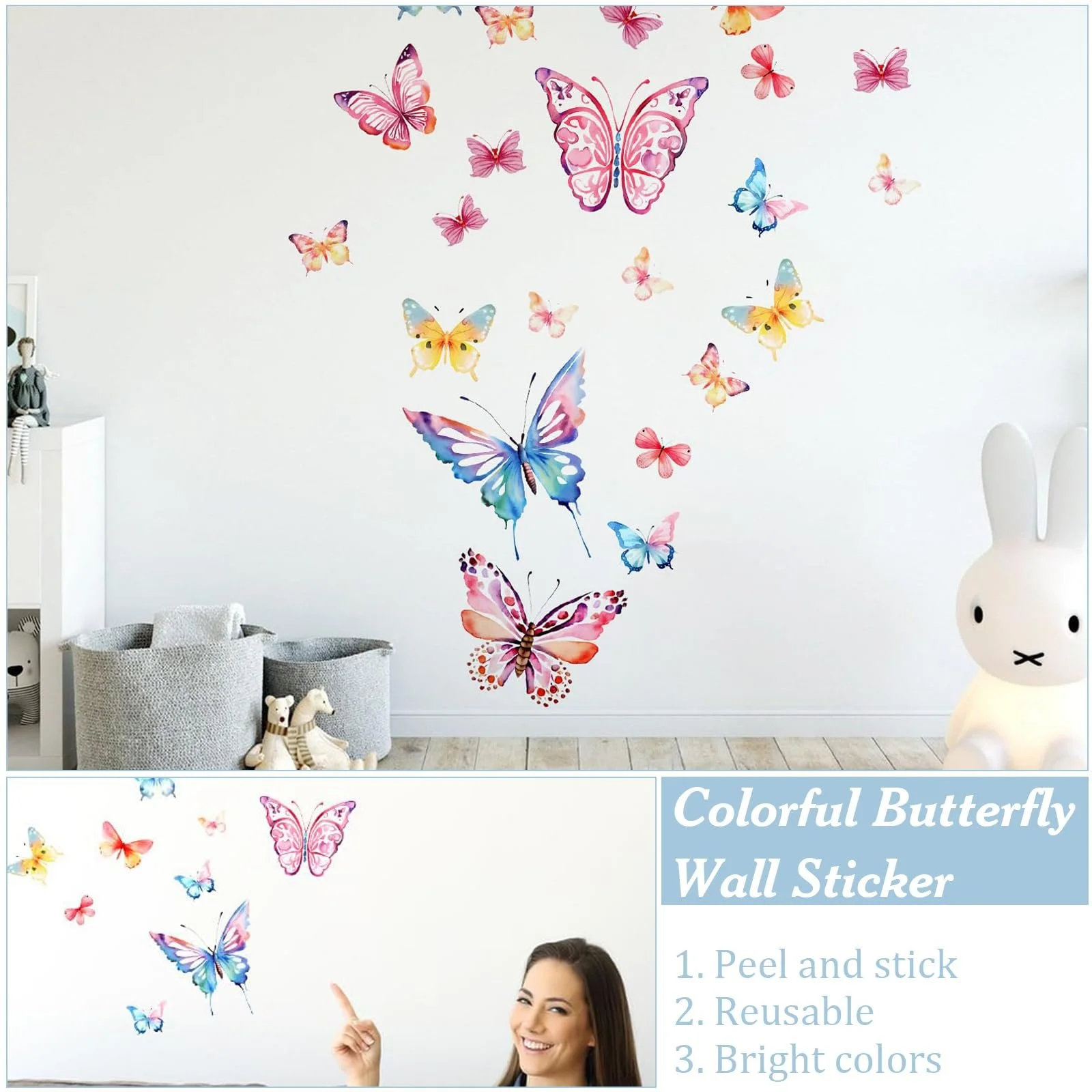 Наклейки на стіну Набір 8 шт Метелики Акварельні Різнокольорові, фото №3