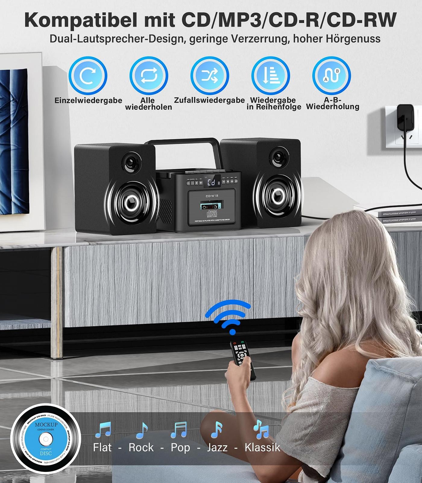 Стереосистема Greadio з CD-програвачем і касетним магнітофоном, динамік 40 Вт, Bluetooth 5.1, компактна з FM-радіо/USB/TF/AUX/дистанційним керуванням, HiFi музична система Чорний, фото №4