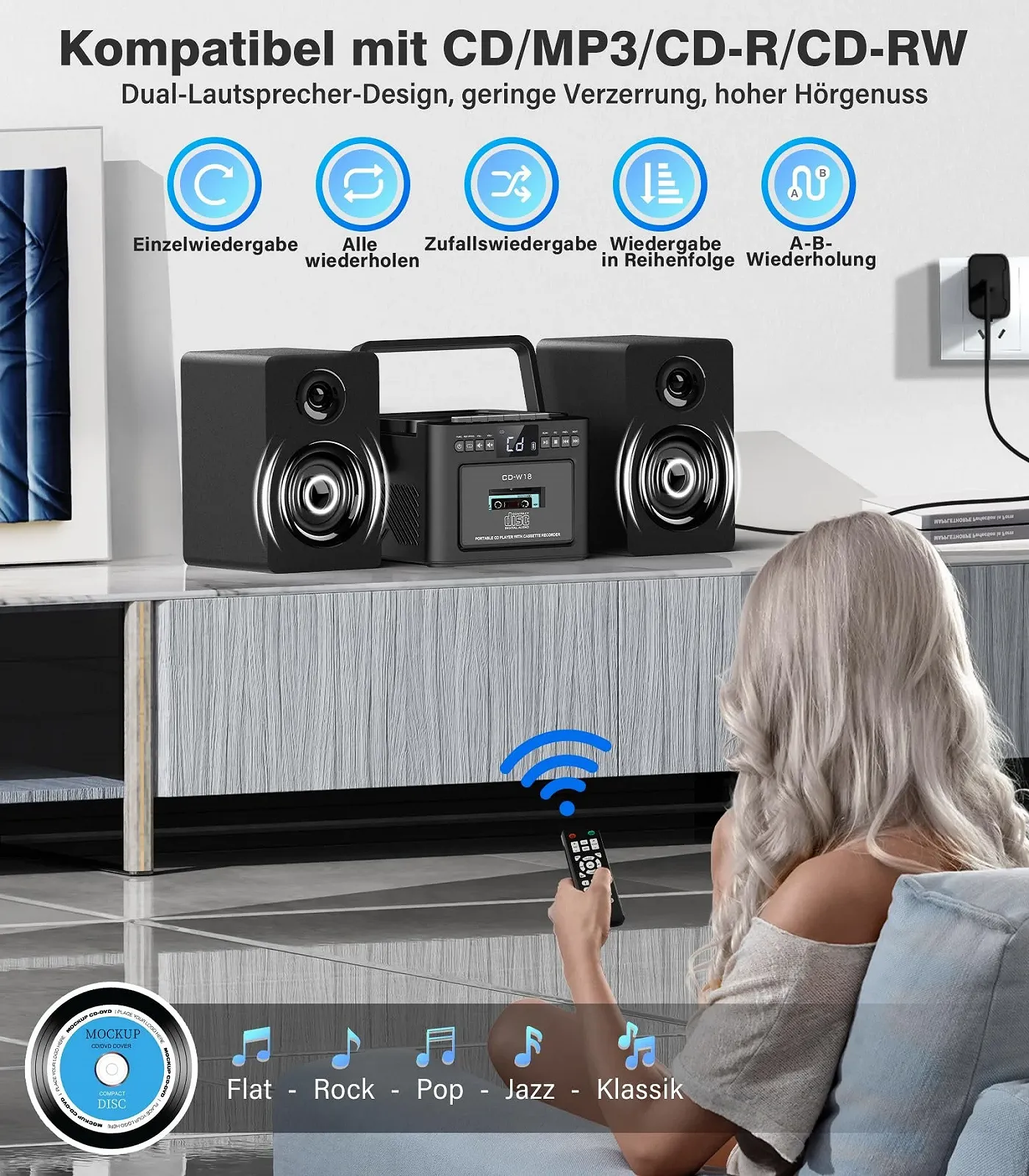 Стереосистема Greadio с CD-плеером и кассетным магнитофоном, динамик 40 Вт, Bluetooth 5.1, компактная с FM-радио/USB/TF/AUX/дистанционным управлением, HiFi музыкальная система Черный, фото №4