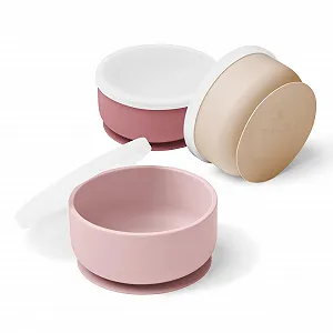Миска з кришкою та присоскою Силікон від 6 місяців рожевий, ніжно-рожевий та бежевий - Фото 1