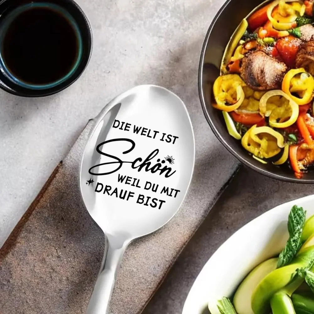 Кофейная ложка Sch6n Dass es Dich Gibt Gifts с гравировкой, подарок на годовщину для него и для нее, полированная ложка из нержавеющей стали для десерта, подарок на день рождения, свадебный подарок, подарок на годовщину, фото №5