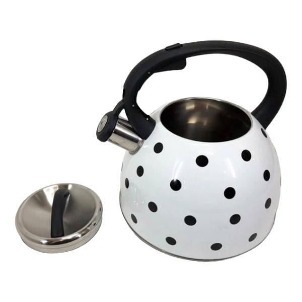 Чайник из нержавеющей стали со свистком 2,5л UNIQUE UN-5301 Белый в горошек, фото №1