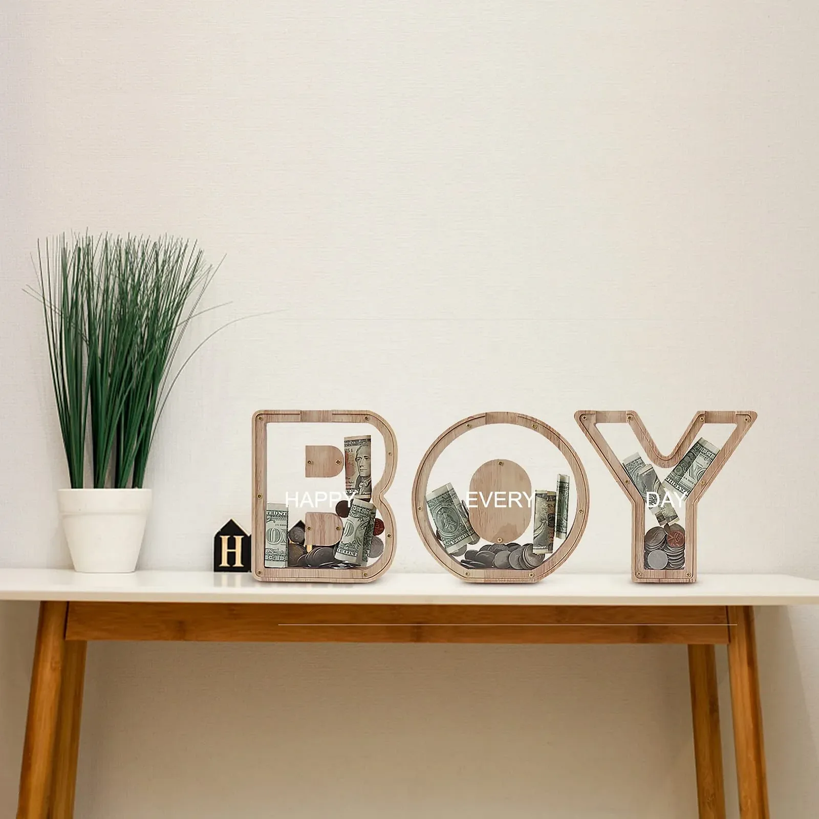 Скарбничка дерев'яна у формі літери M з прозорим вікном, фото №5