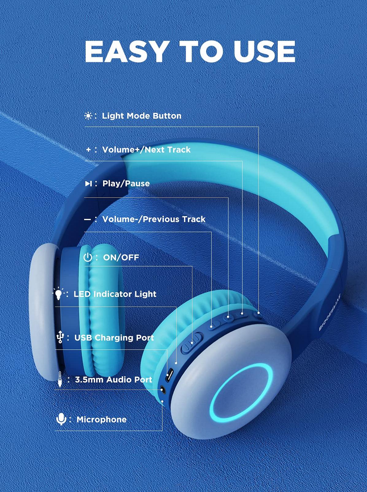 Bluetooth навушники BIGGERFIVE Дитячі з кольоровими LED-вогнями 85/94 дБ 50 годин безпровідні та провідні з мікрофоном для школи, планшета, фото №7