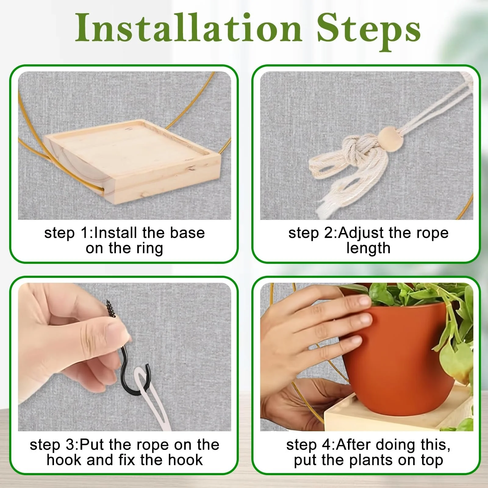 Подвесной вазон Металлическое кольцо с деревянным основанием 30 x 30 см Золотой, фото №3