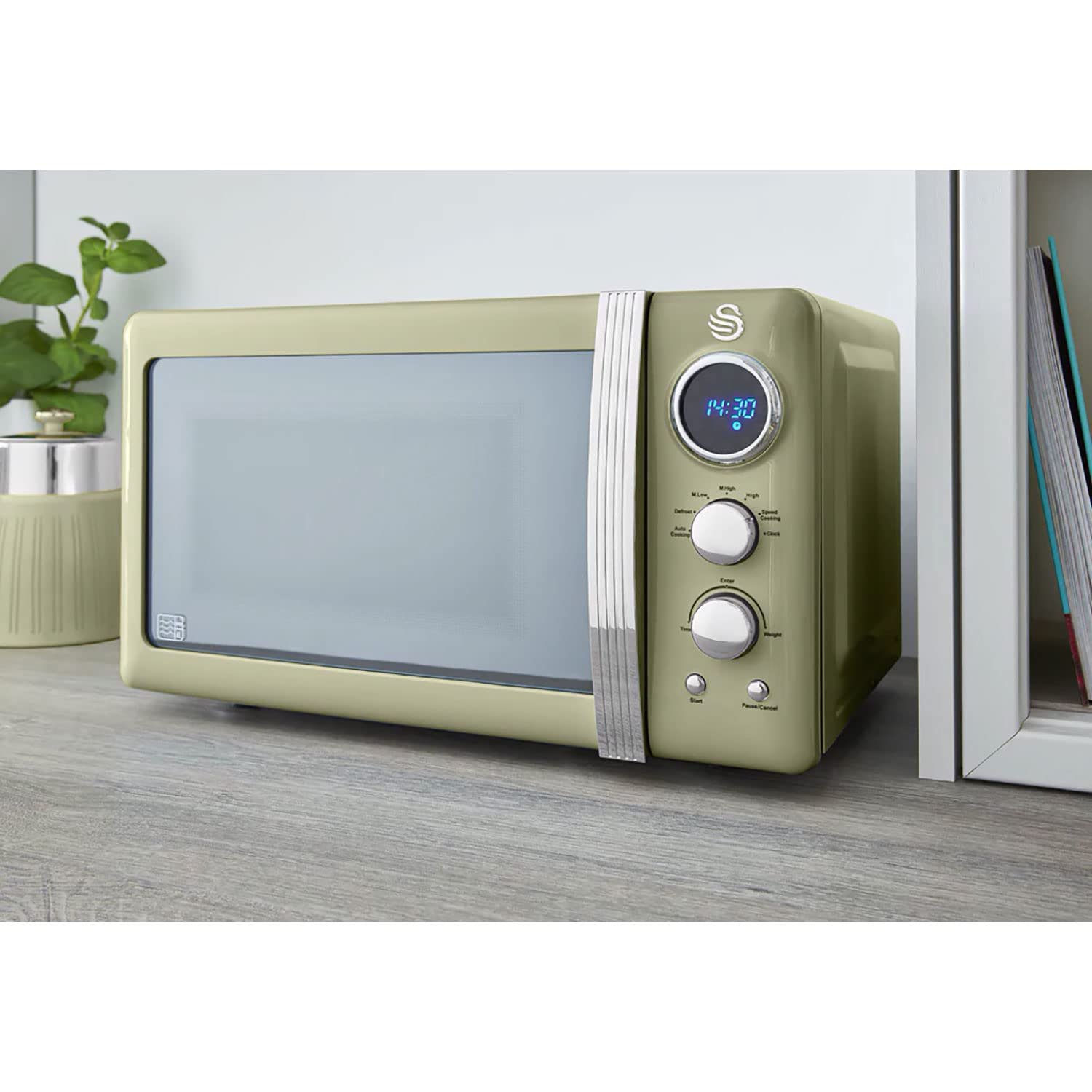 Цифровая микроволновая печь Swan Retro SM22030GNEU 20 л 5 уровней мощности таймер 60 минут поворотный стол 27 см 800 Вт Зеленая, фото №3 Цифровая микроволновая печь Swan Retro SM22030GNEU 20 л 5 уровней мощности таймер 60 минут поворотный стол 27 см 800 Вт Зеленая, фото №3