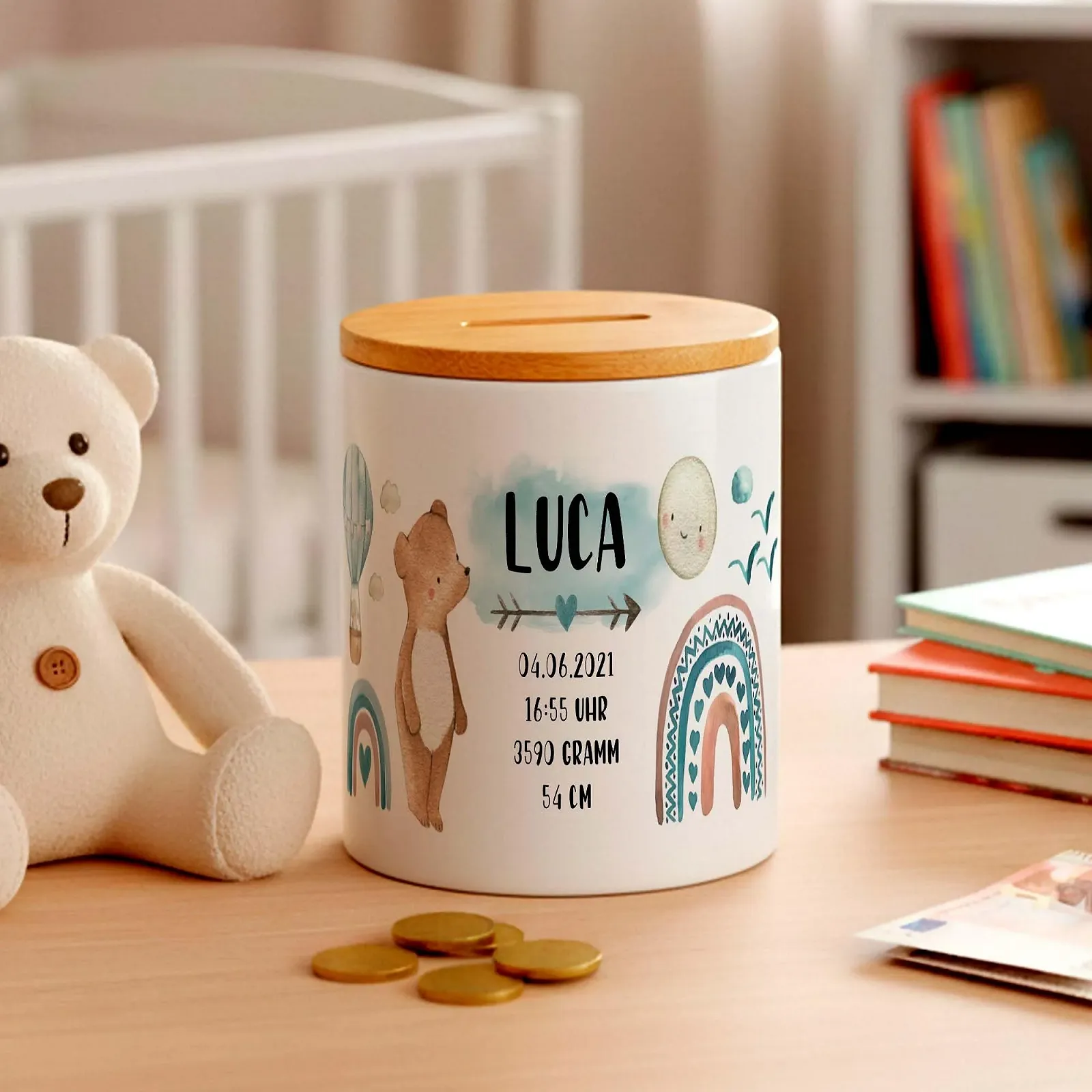 Скарбничка дитяча Ведмедик Дані про народження Персоналізована для хлопчиків, фото №1
