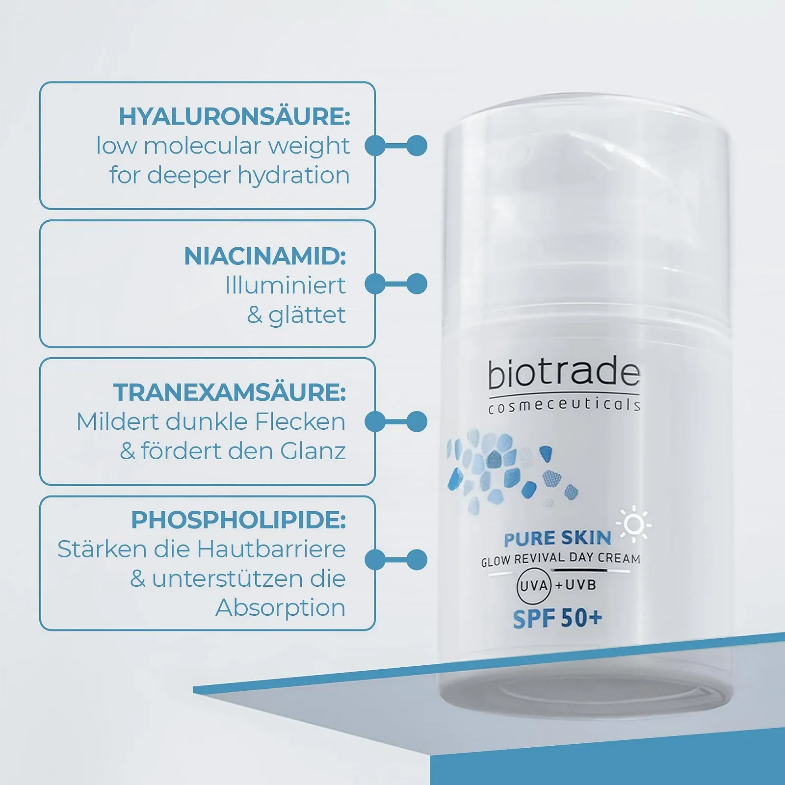 Денний крем для обличчя biotrade Pure Skin Glow Revival глибоко зволожувальний SPF 50, 50 мл, фото №5 Денний крем для обличчя biotrade Pure Skin Glow Revival глибоко зволожувальний SPF 50, 50 мл, фото №5