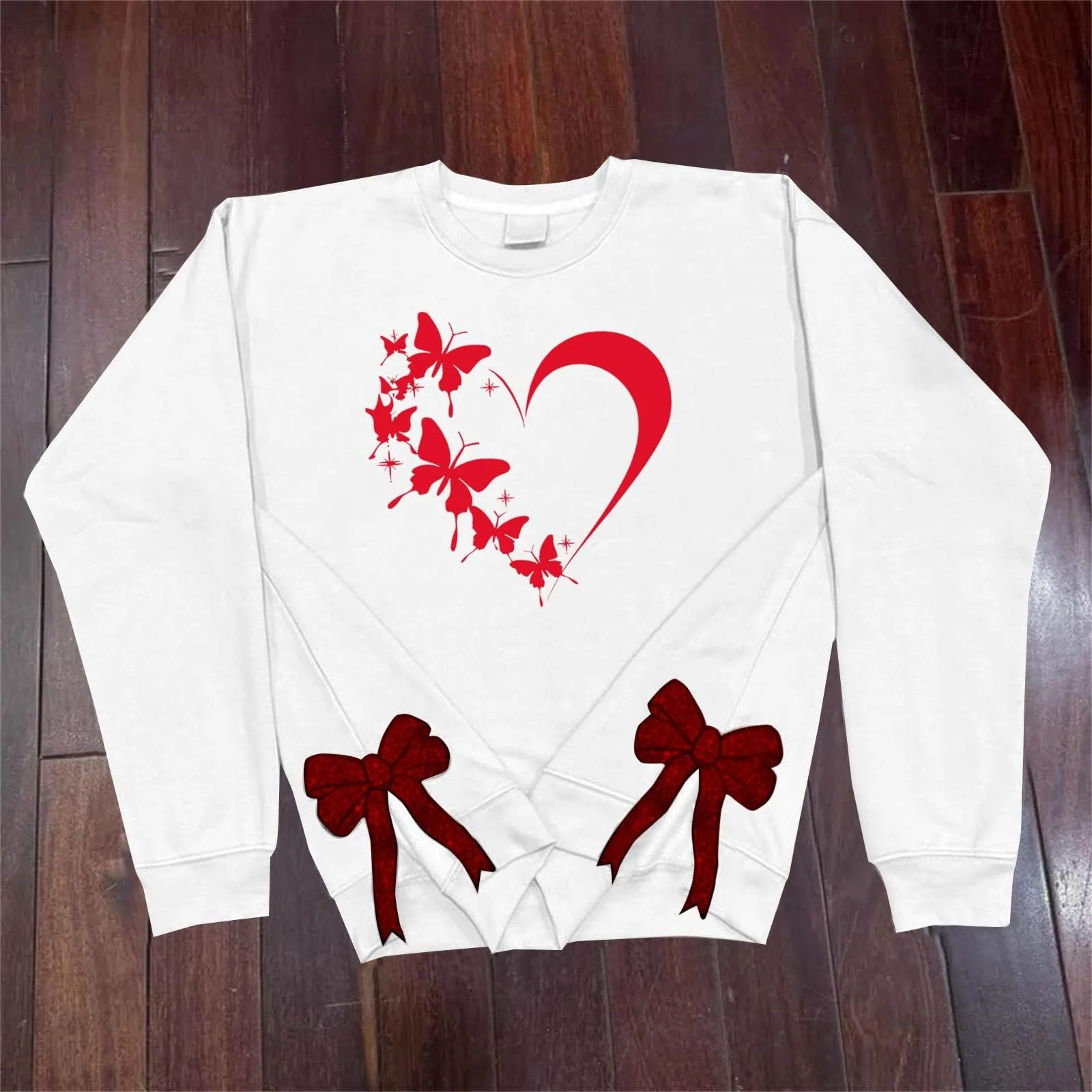 Женский свитшот с круглым вырезом, длинными рукавами, принтом в виде сердца, повседневный, ко Дню святого Валентина, с бантом сбоку, фото №3
