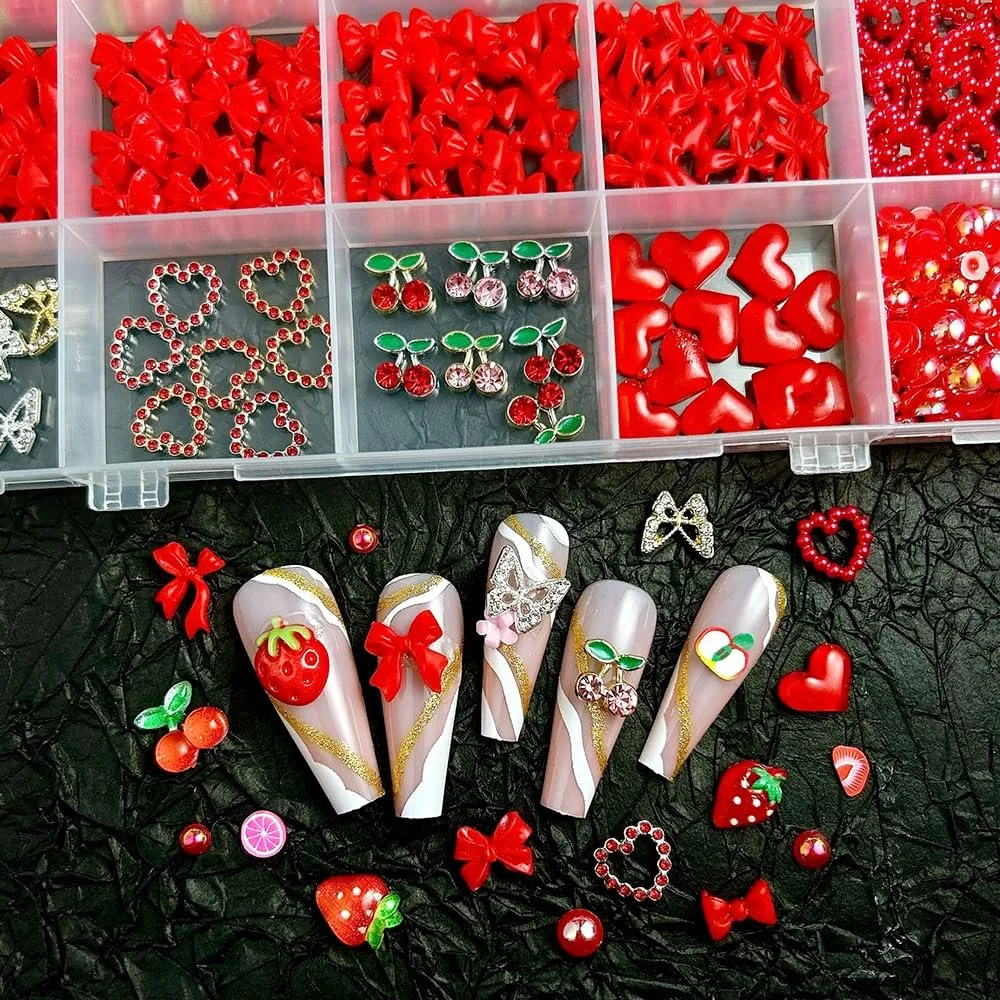 3D Украшения для ногтей Клубника Вишня Бантик Сердце Бабочка Аксессуары для ногтей Красный, фото №7