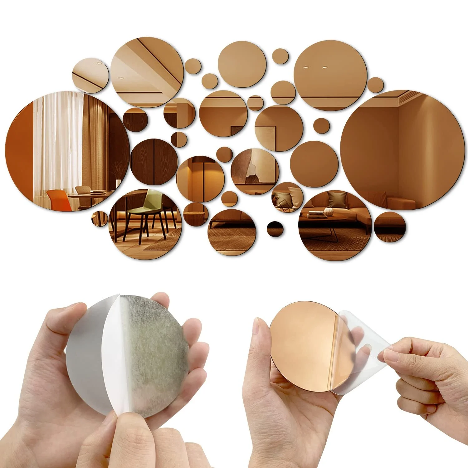 Наклейки на стіну Дзеркальні кола Акрилові 32 шт. Золотисте шампанське, фото №1