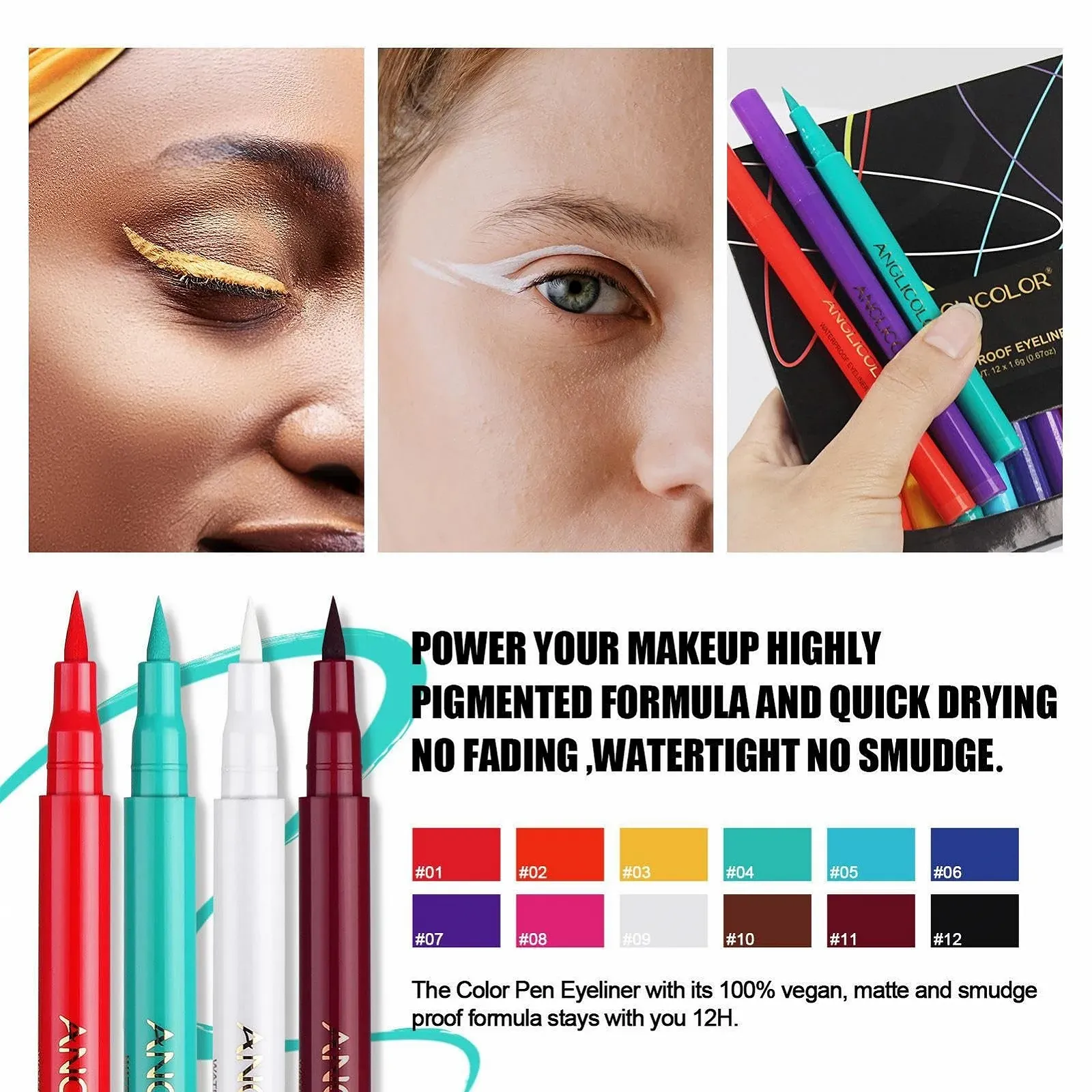 Підводка Рідка 12 Colours Liquid Eyeliner Set, кольорова, водостійка, фото №6