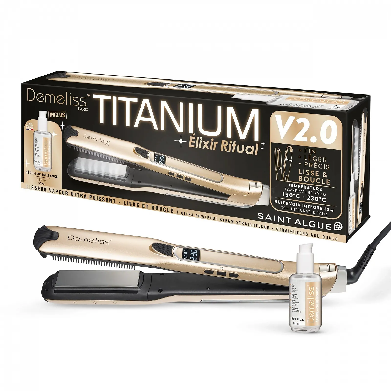 Паровой выпрямитель для волос Demeliss Titanium V2.0 Elixir Ritual 5 температурных режимов резервуар 30 мл съемный гребень, фото №1