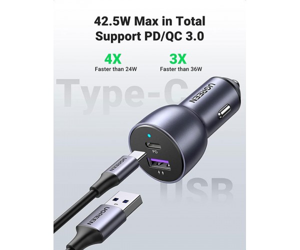 Автозарядка 2xUSB 36W USB-C USB-A QC 3.0+ Косм Сіра CD213 UGREEN, фото №5