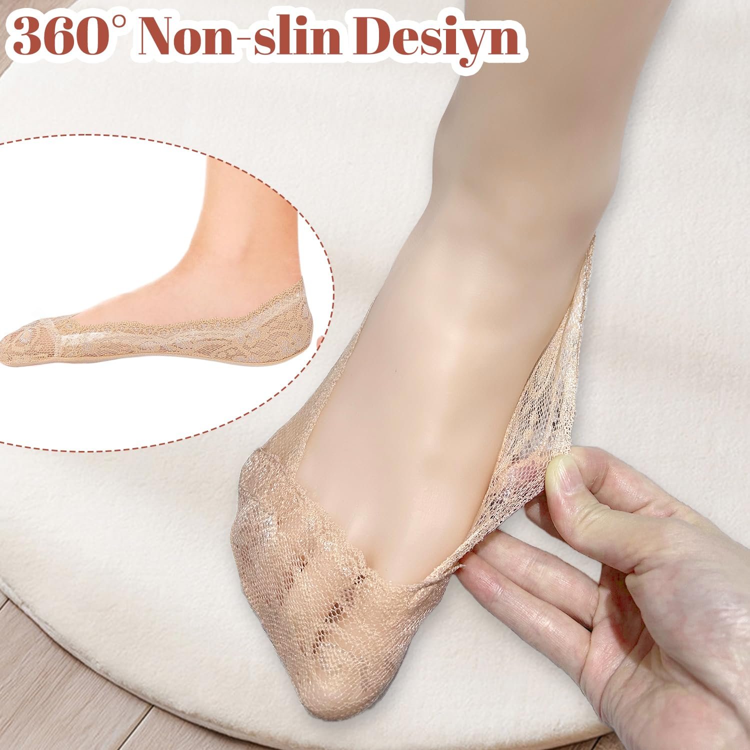 Женские носки-невидимки Кружевные 6 пар - Нескользящие низкие с силиконовым захватом для мокасин / балеток / кроссовок / туфель (Натуральный), фото №5