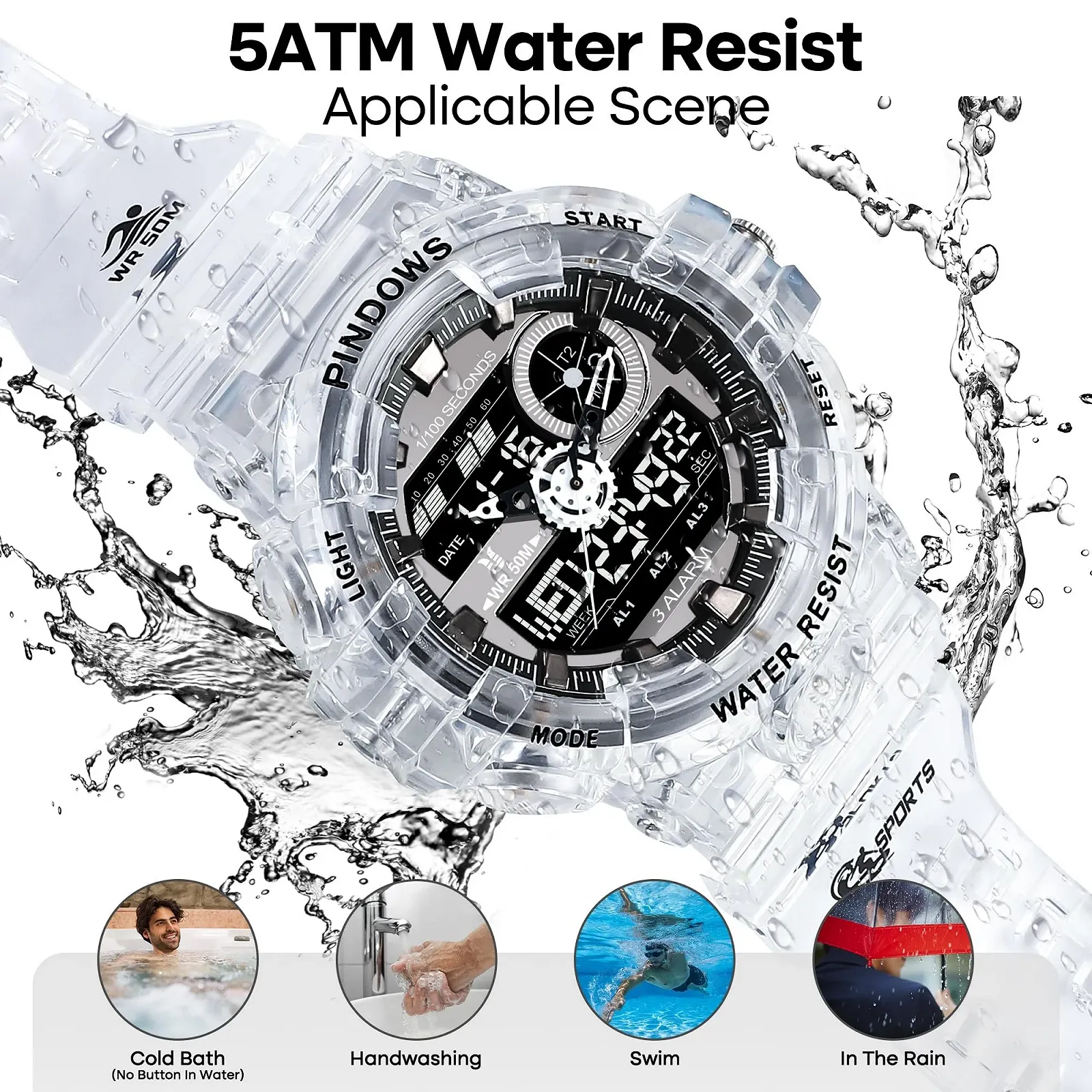 Мужские часы Цифровые спортивные часы Золотые часы Водонепроницаемые часы с 3 будильниками/обратным отсчетом/секундомером/цифровой аналоговый/двойное время/подсветка/военные многофункциональные часы, фото №5