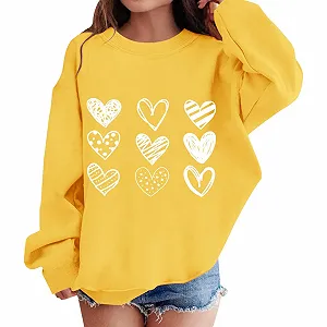 YHHRJAI Толстовка для девочек - Свитшот с круглым вырезом Oversized - Легкая спортивная детская футболка с длинными рукавами и принтом в виде сердец - Милые повседневные базовые топы с длинными рукавами - Фото 1