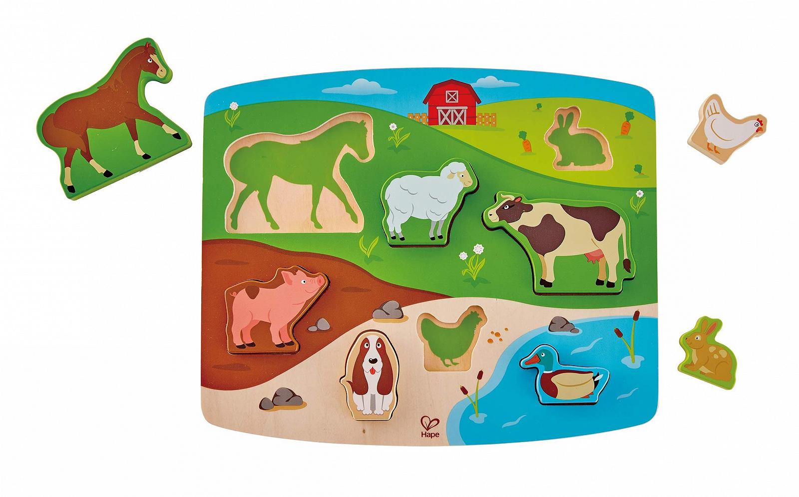 Дерев'яний пазл Hape HAP-E1454 Farm Animal Puzzle & Play різнокольоровий 5'' x 2'', фото №1