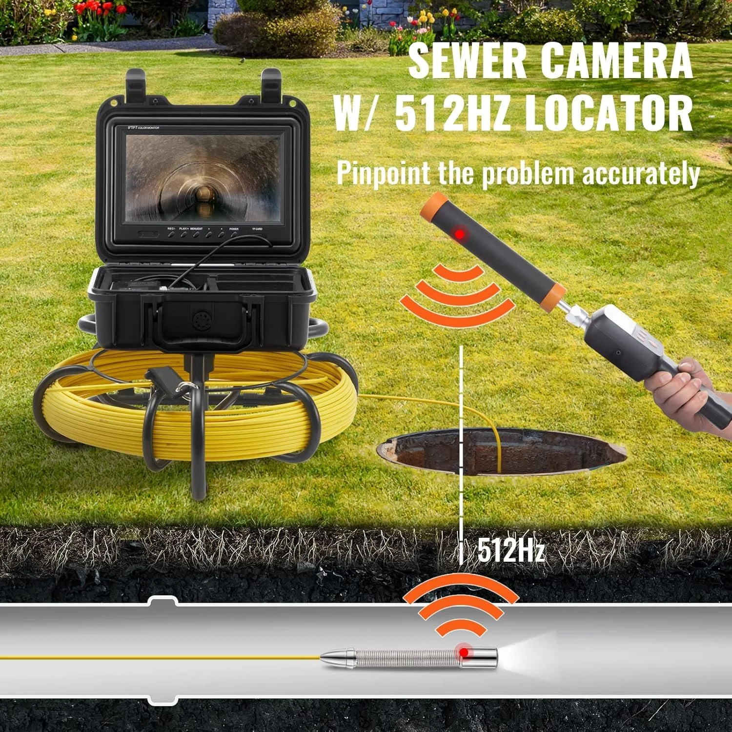 Професійний промисловий ендоскоп з монітором 9'' VEVOR WP9600FTR HD 16 ГБ 512 Гц 50M Жовтий, фото №4