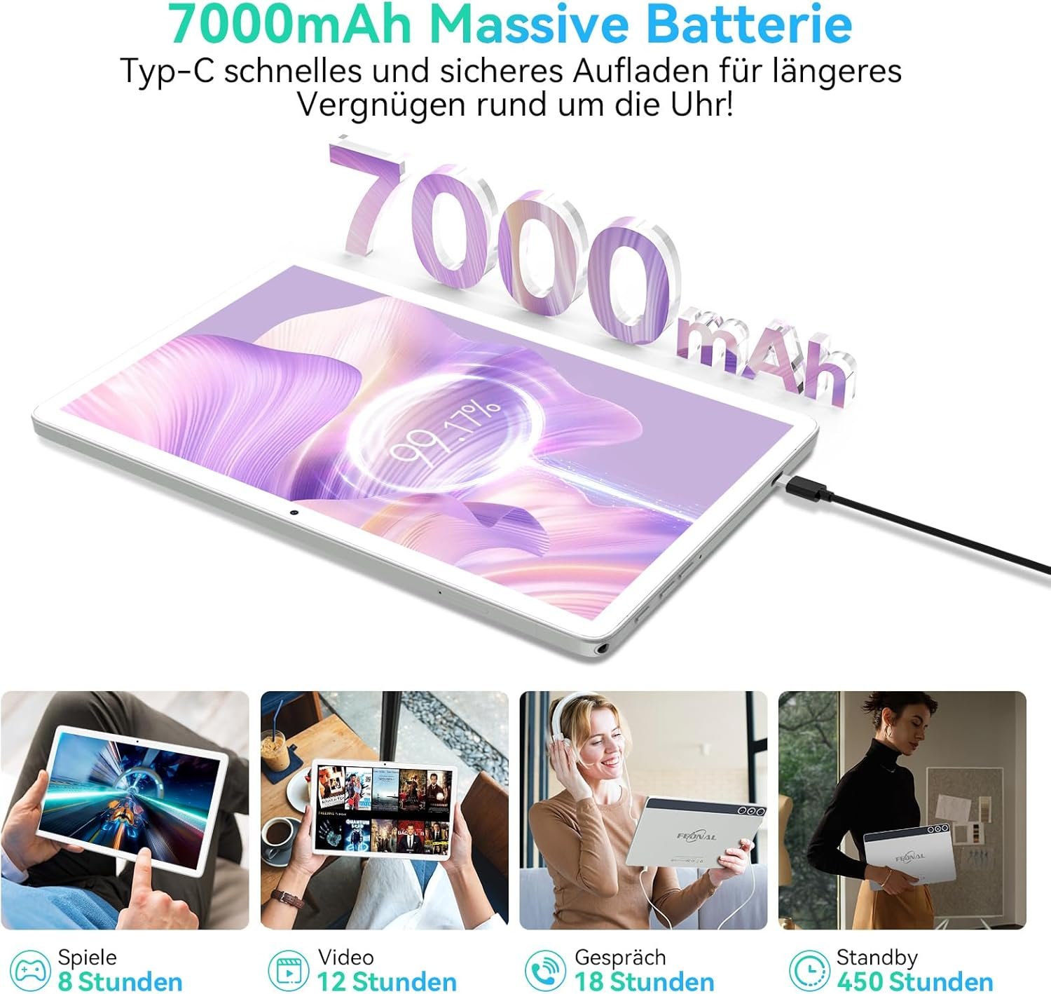 Планшет 10.1" FEONAL D106 (8+6)/128GB 4G 2 SIM 8 ядер Android 14 7000 mAh Білий, фото №4