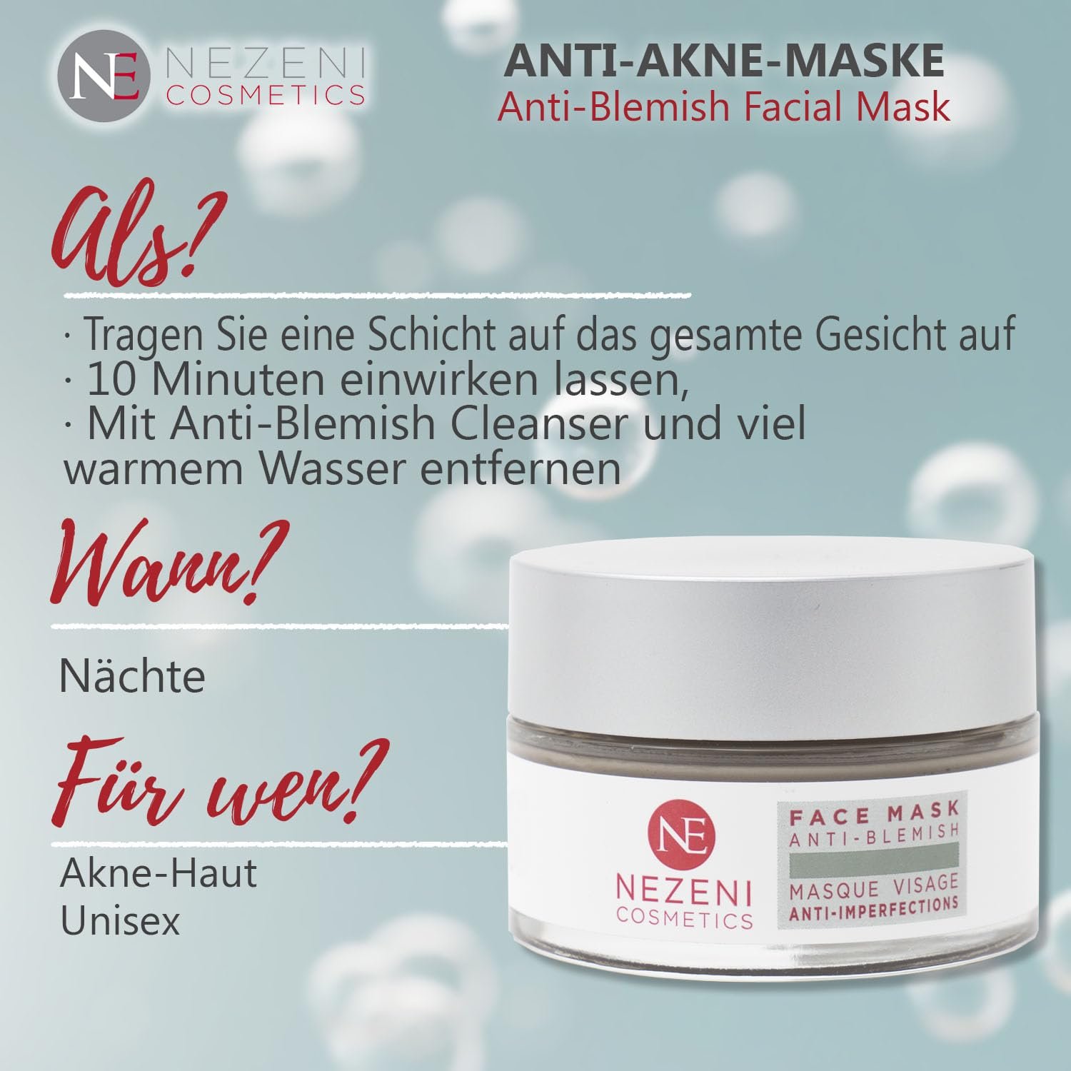 Маска для лица Nezeni от акне 60 мл, 14 активных ингредиентов, салициловая кислота, ниацинамид, азелаиновая кислота, чайное дерево и ним, веганская, для жирной и проблемной кожи, фото №6