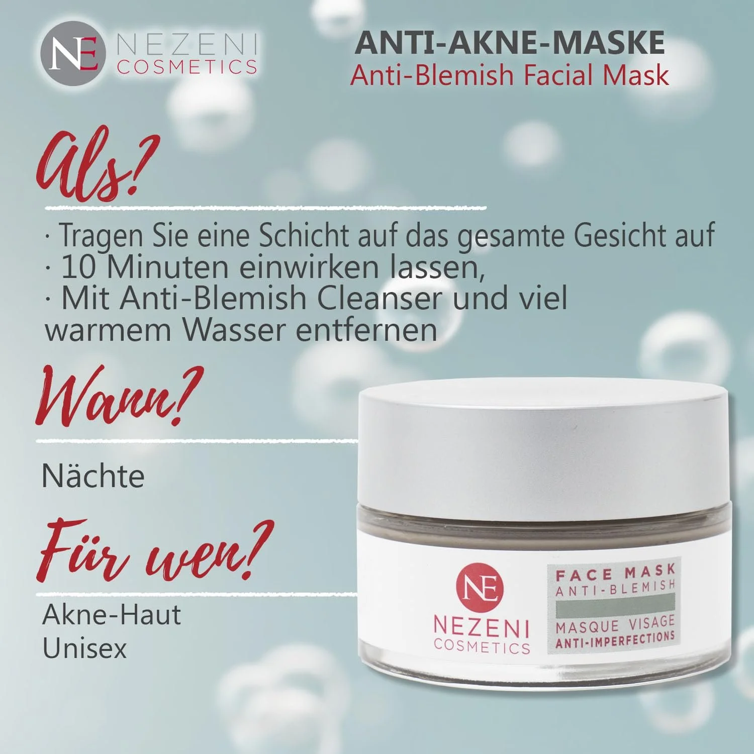Маска для обличчя Nezeni від акне 60 мл, 14 активних інгредієнтів, саліцилова кислота, ніацинамід, фото №6