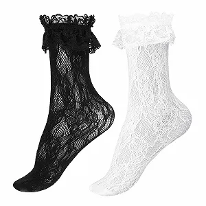 Жіночі шкарпетки з мереживом і рюшами Black + White, чорний, білий, One size fits all - Фото 1