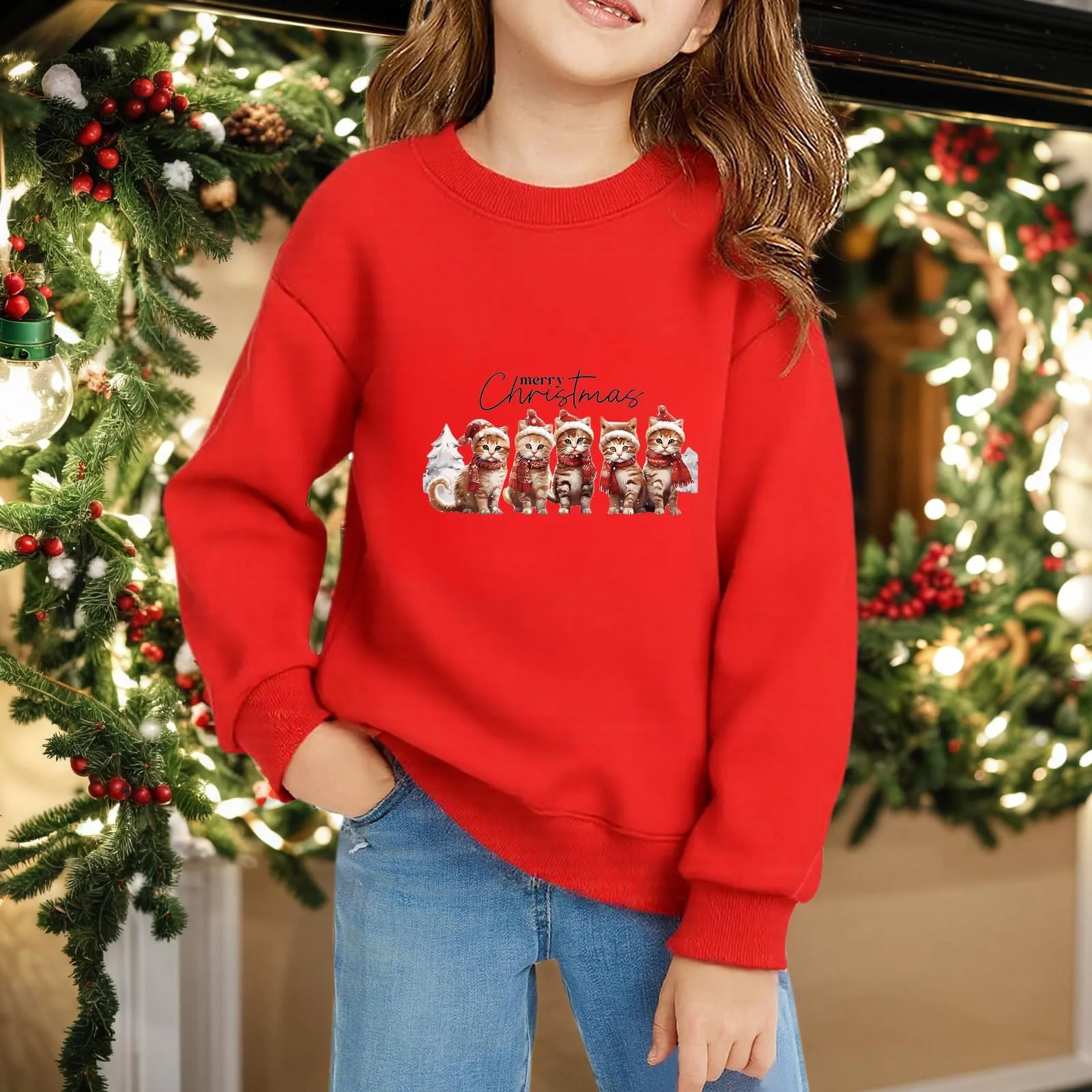 Різдвяний світшот TUANMOZI Червоний для дівчаток, повсякденний, з довгими рукавами, фото №4