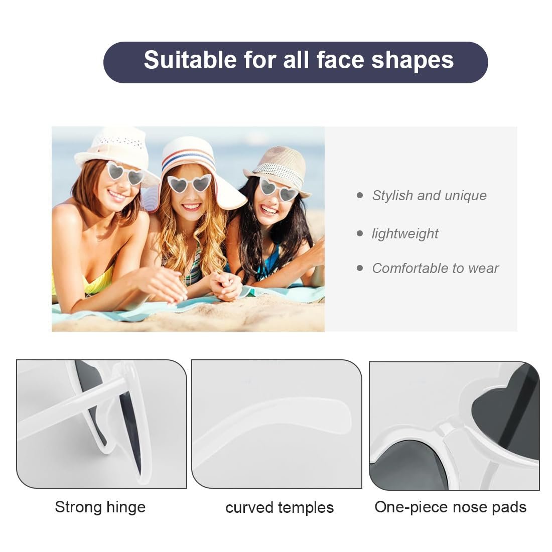 Сонцезахисні Окуляри Сердечки UEAVOID 2 шт. UV400, Чорно-сірі лінзи, Білі, фото №4