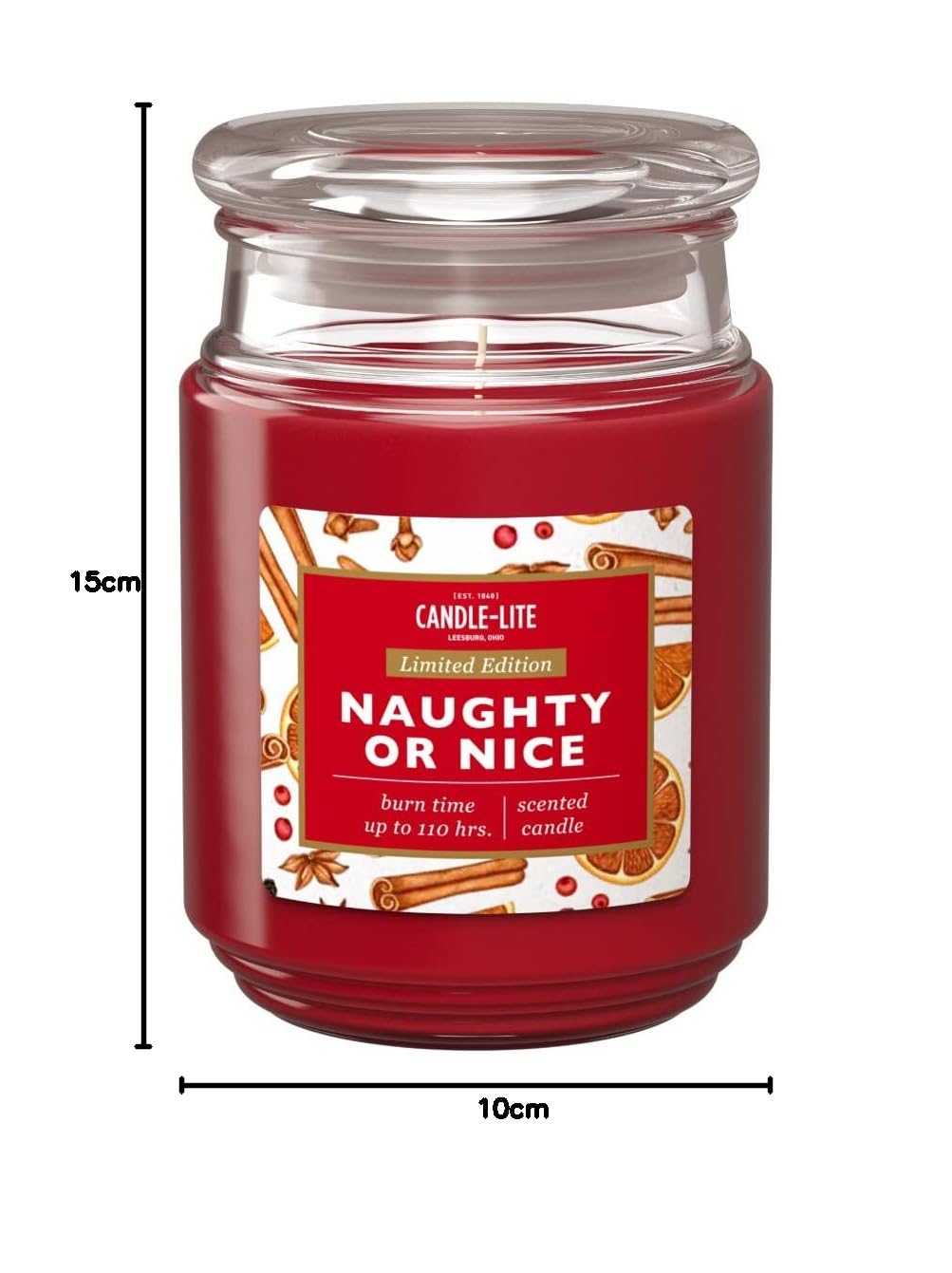 Свічка Candle-Lite Naughty Or Nice Scented Candle Cinnamon в склі з кришкою, до 110 годин, червона, велика 510 г, фото №5