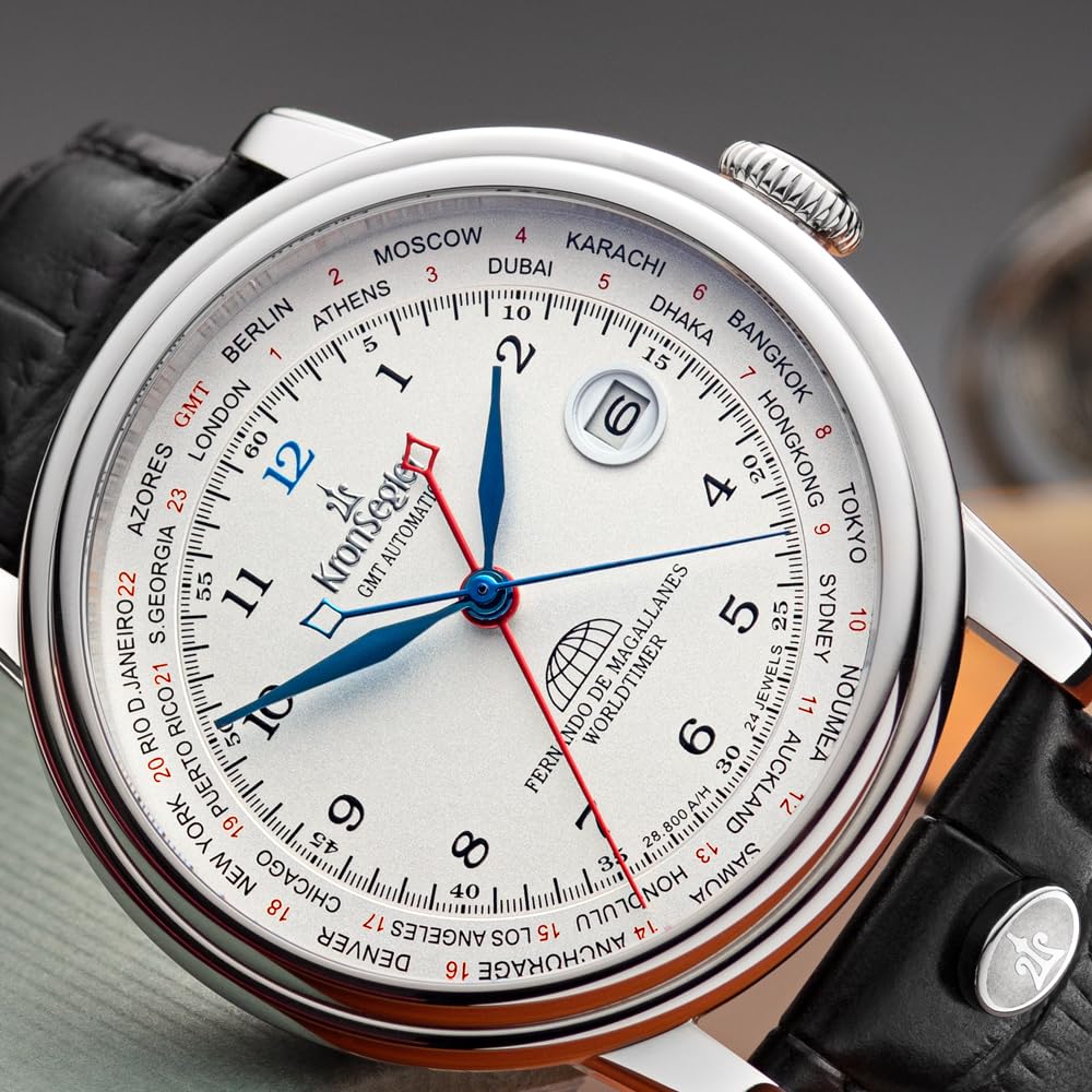 Чоловічий годинник Kronsegler Fernando de Magallanes Worldtimer Flyer GMT Автоматичний Сталь Білий, Ремінець, фото №4