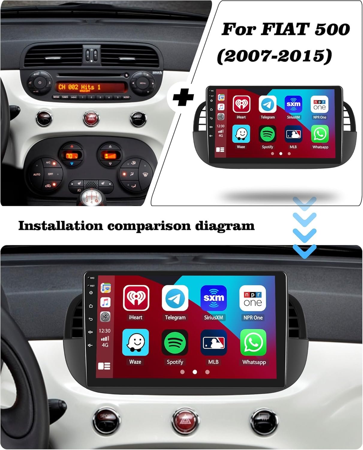 Штатна автомагнітола Hikity для FIAT 500 2007-2015 / 9" / Сенсорна / 2/64Гб / Android 13 / Apple CarPlay / Android Auto / Bluetooth / WI-FI / GPS / USB / 2DIN, фото №4